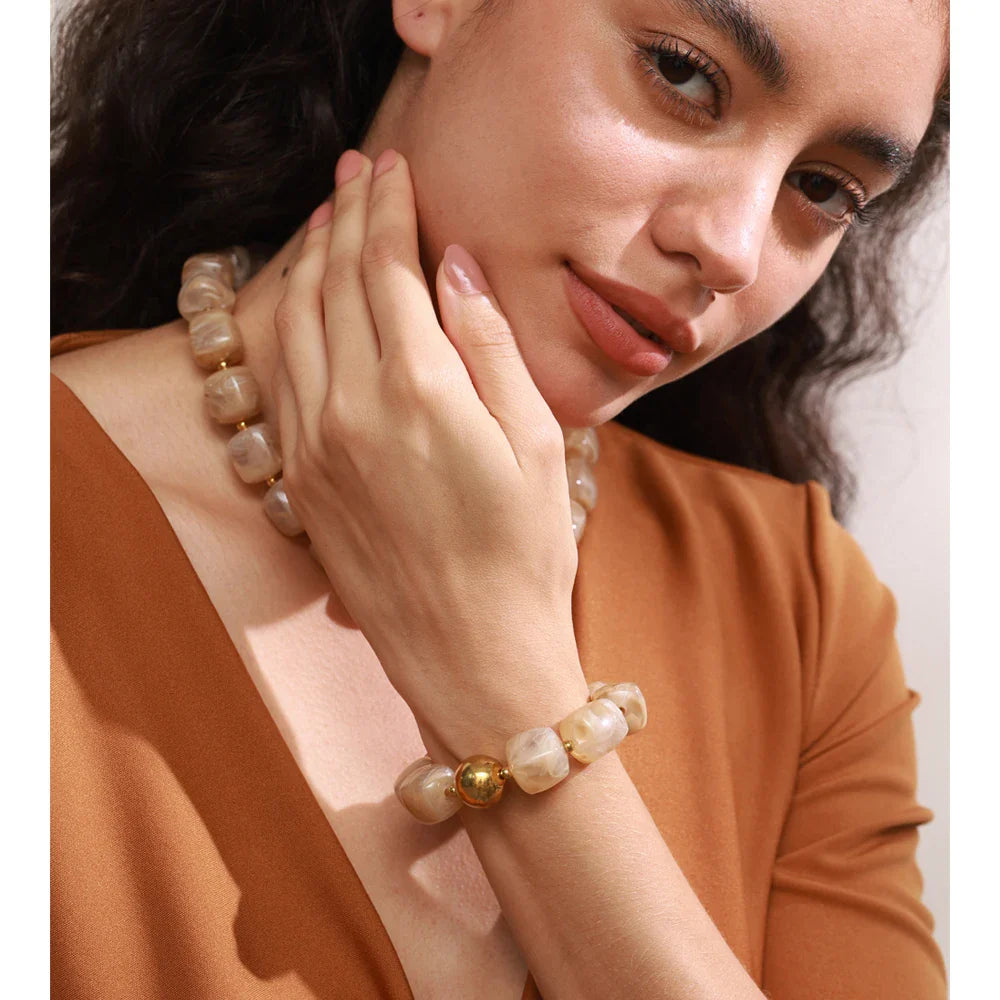 Yhpup Acrylic Square Beads Chain Necklace Bracelet Bangle Stainless Steel Handmade Jewelry Waterproof Green Khaki Pink Amber