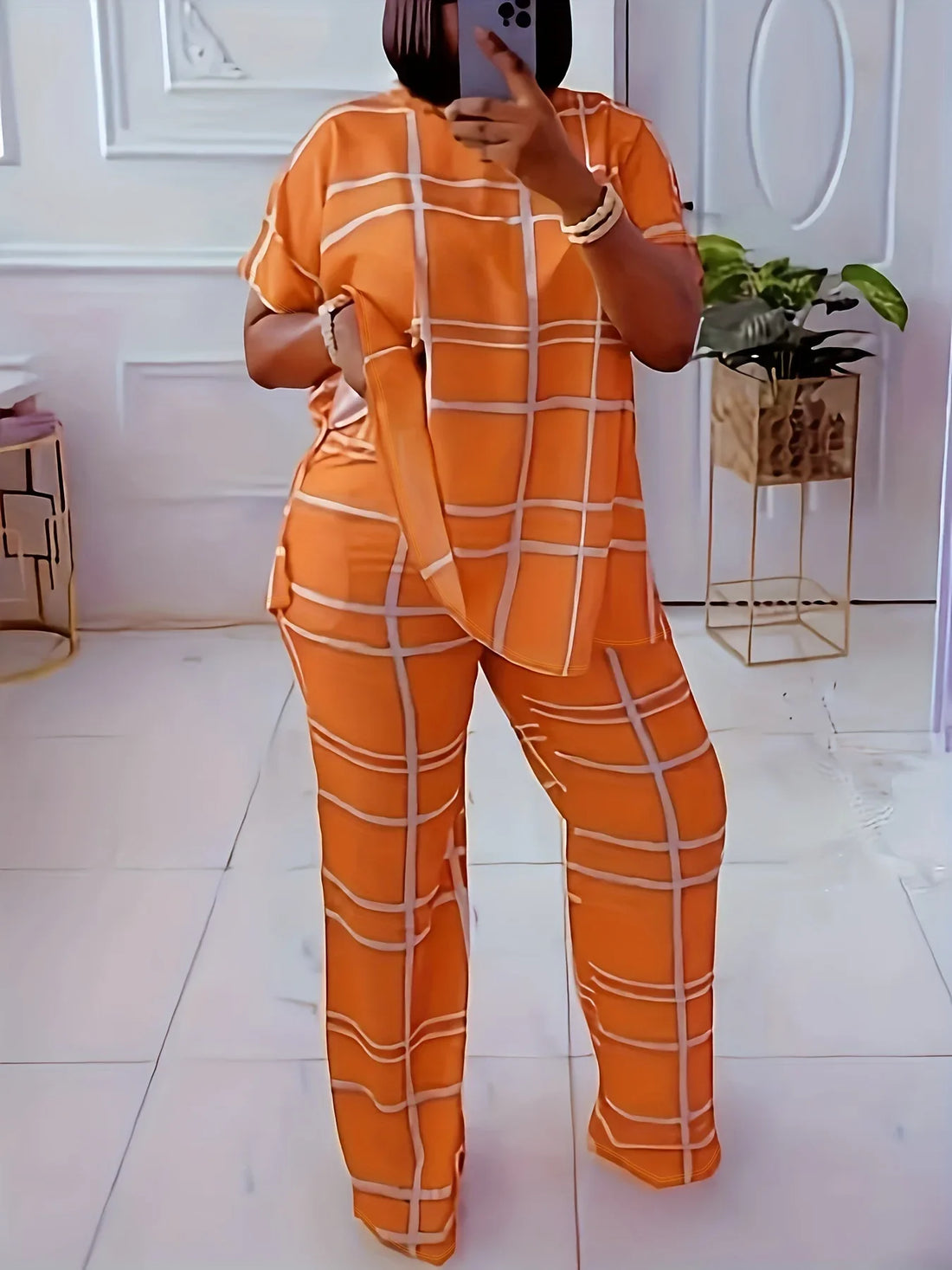 Women's Striped Grid Print Casual Two Piece Short Sleeve Set - Image 42