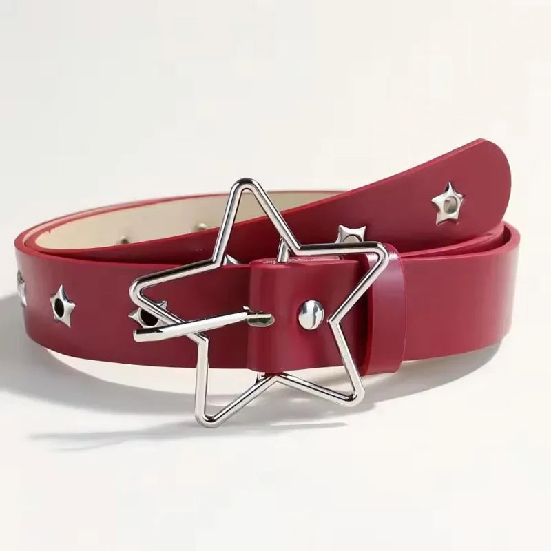 Y2K Punk Star Rivet Black Red Goth Faux Leather Belt Unisex - Image 2