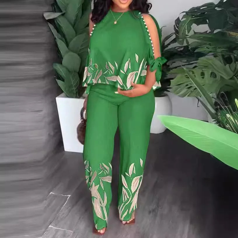 Women Two Piece Set Cold Shoulder Top and Straight Leg Pants - Image 3