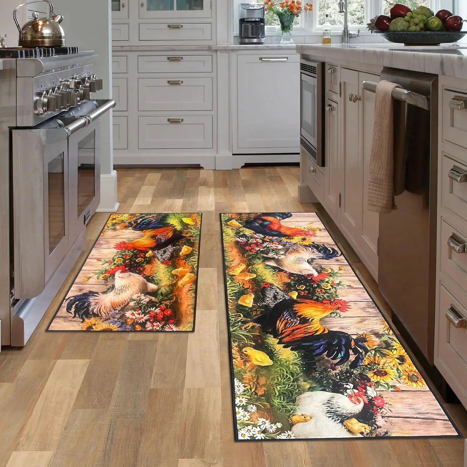 VIKAMA 1/2 pcs Rooster Kitchen Rug Home Decor, Rustic Farmhouse Style Decorative Kitchen Mat, Non-slip Corridor Foot Mat