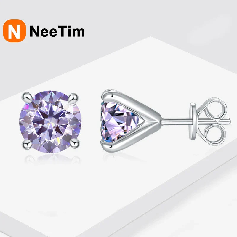 NeeTim 0.5ct 1ct 2ct Moissanite Stud Earrings for Women 925 Sterling Silver Pink Black Blue Grey Sparkling Lab Diamond Earring