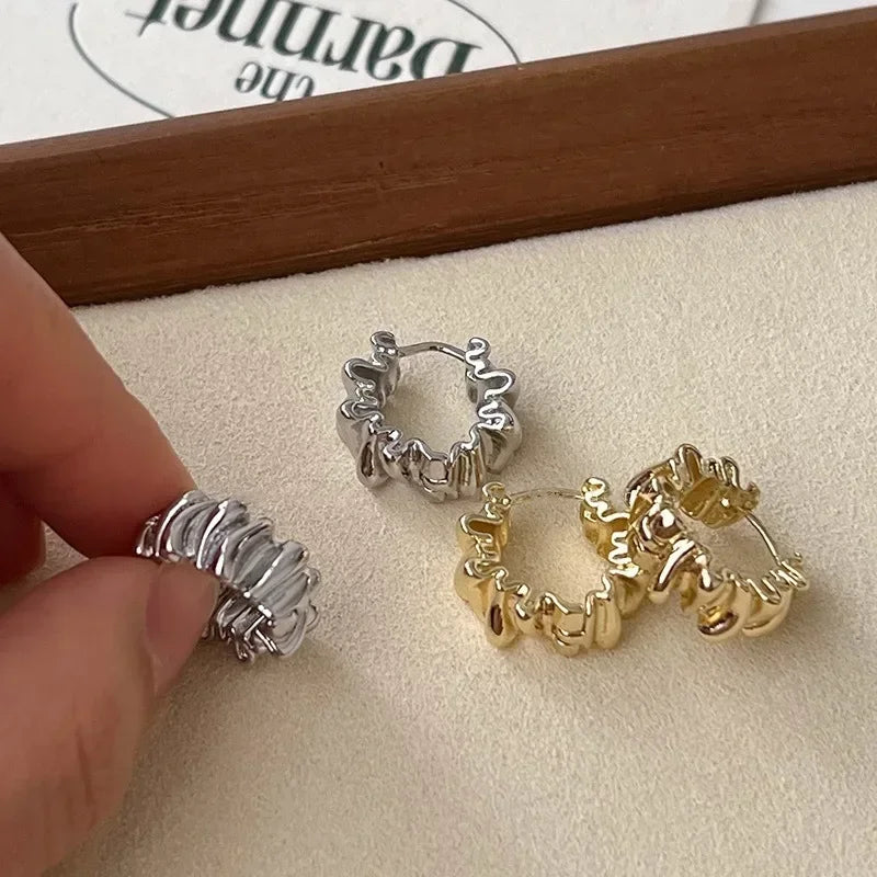 Personality Irregular Wavy Pleated Hoop Earrings for Women New Charm Gold Color Stainless Steel Dangle Jewelry Accessories Gift