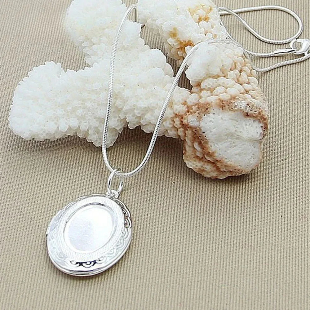 925 Sterling Silver Oval Round Photo Frame Pendant Necklace 18/20-28/30 Inch Snake Chain For Woman Man Wedding Jewelry
