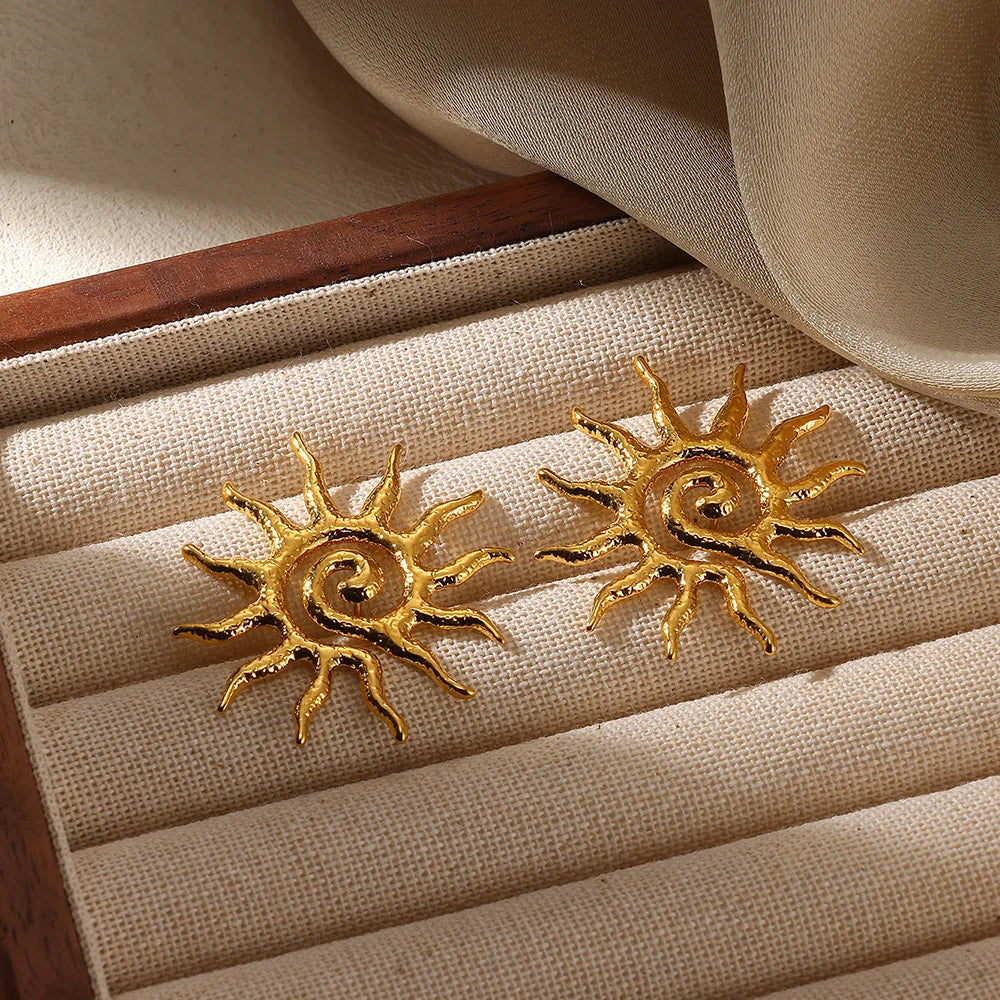 Retro Threaded Sun Earrings For Women Gold Color Stainless Steel Geometric Earrings Hip Hop Party Jewelry Birthday Gifts