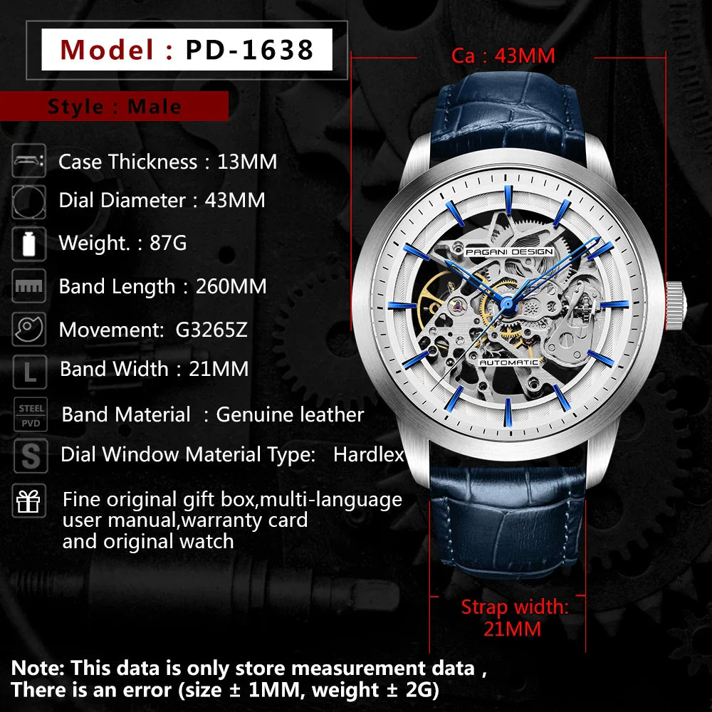 PAGANI DESIGN Business Man Watch Luxury Skeleton Hollow Leather Men's Wristwatch New Mechanical Male Clock Relogio Masculino