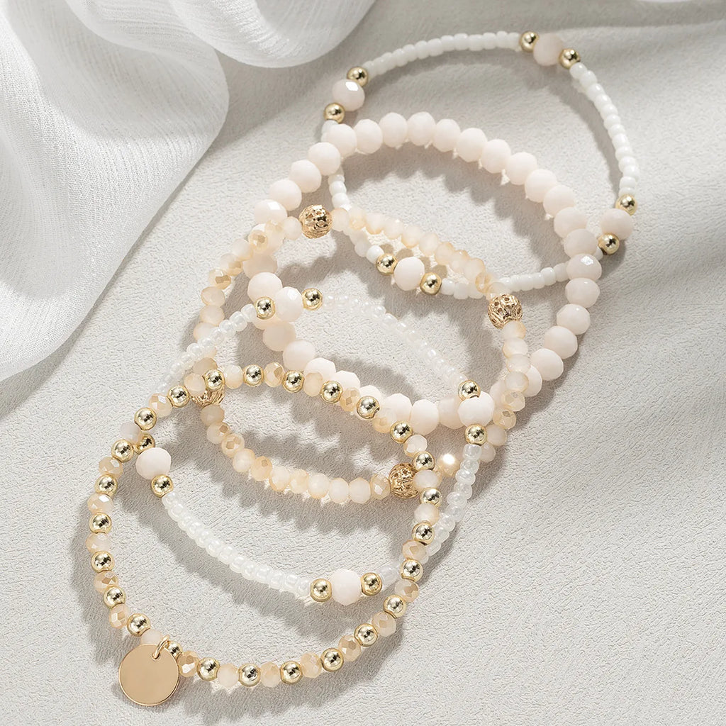 5Pcs Fashion Resin Beaded Bracelet Set For Women Round Piece Charm Elastic Bead Chain Bangle Wrist Strap Female Vacation Jewelry