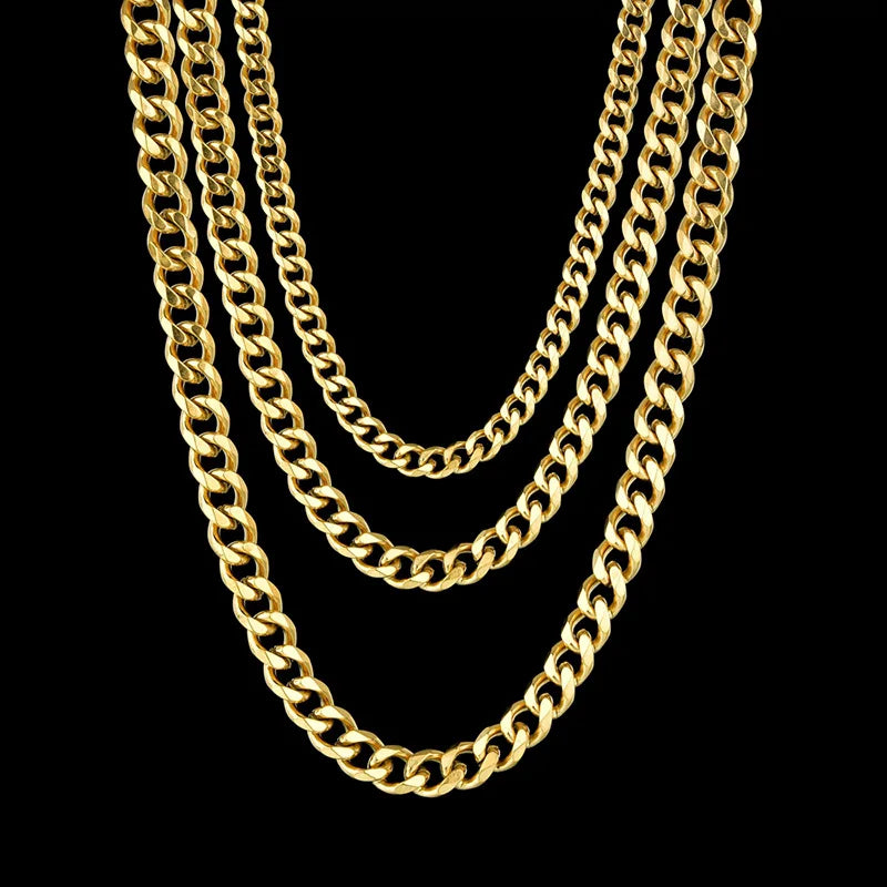 3.5-7MM Stainless Steel Necklaces For Men Punk Gold Color Cuban Link Chain Women Hip Hop Fashion Jewelry Accessories 45-70CM