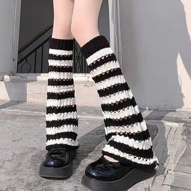 Y2K Punk Knitted Leg Warmers Black White Heart Star Argyle Style - Image 6