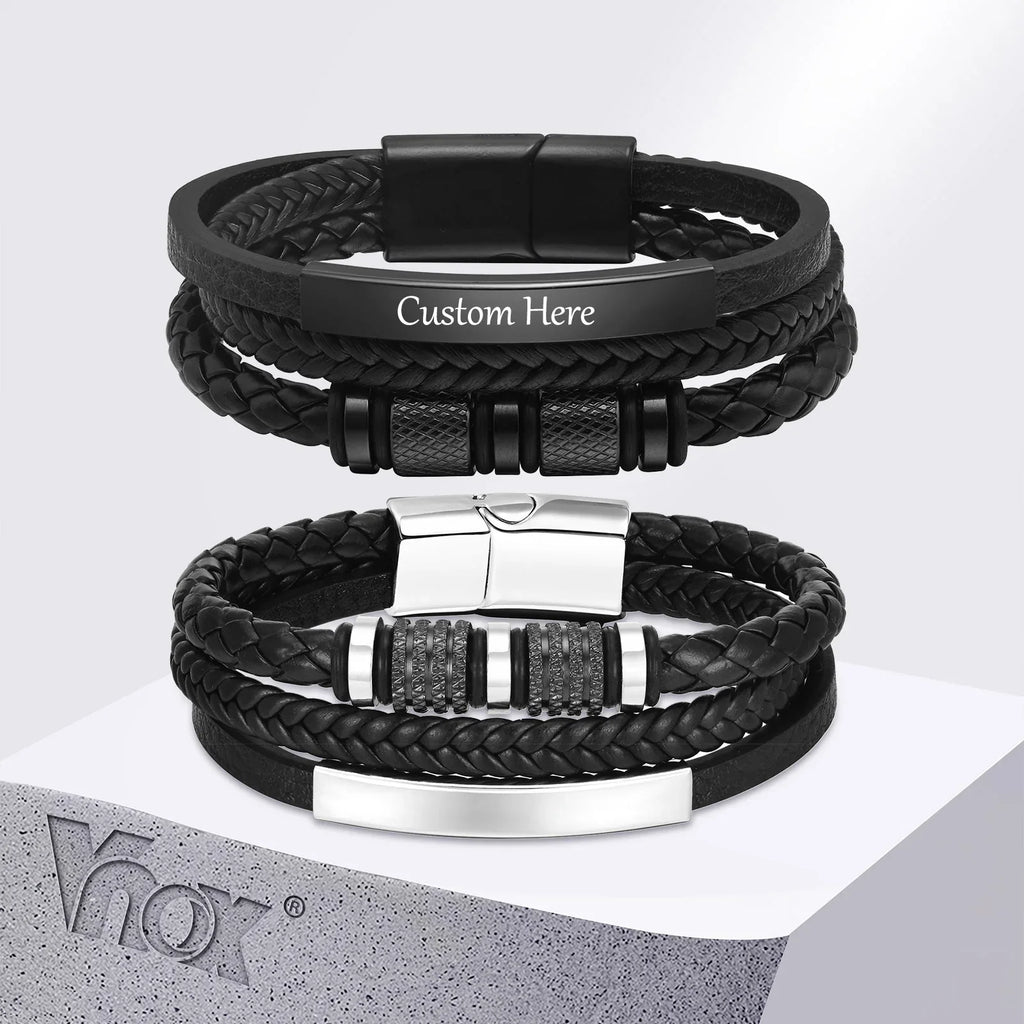 Vnox Personalized Braided Leather Bracelet for Men Handmade Triple Woven Pu Leather Bracelet Custom Name Text Jewelry Gifts