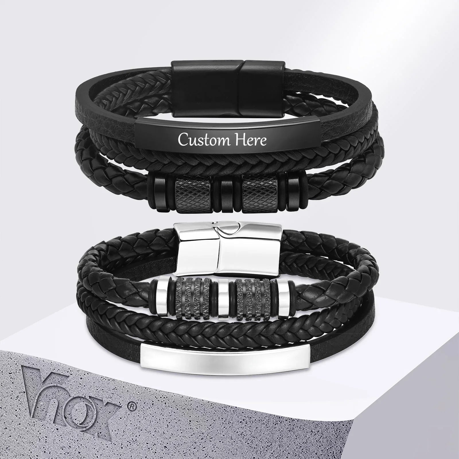Vnox Personalized Braided Leather Bracelet for Men Handmade Triple Woven Pu Leather Bracelet Custom Name Text Jewelry Gifts