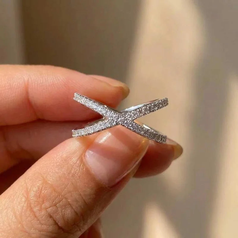 925 Sterling Silver Luxury Cross X Shape Women Engagement Ring Full Paved CZ Stone Elegant Simple Female Jewelry Ring Hot Sale