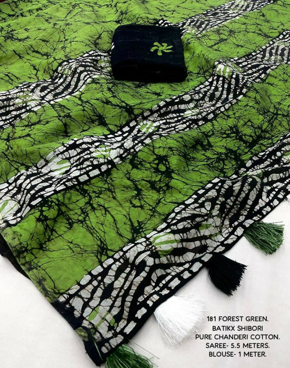 Green Chanderi Cotton Batik Printed Saree with Blouse Piece