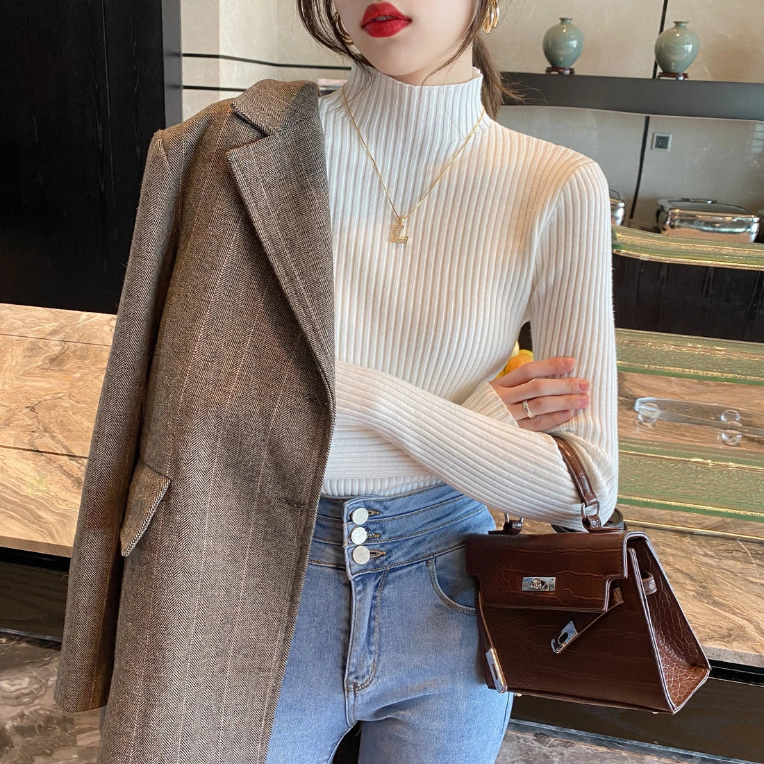 Women Mock Neck Ribbed Knit Pullover Long Sleeve Slim Fit Sweater - Image 28