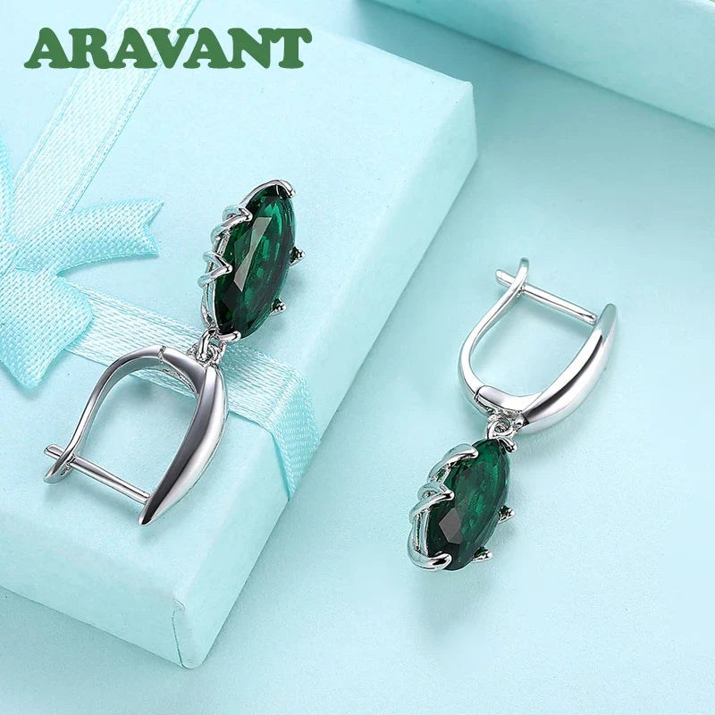 Aravant 925 Silver Oval Green Zircon Drop Earring For Women Fashion Wedding Jewelry