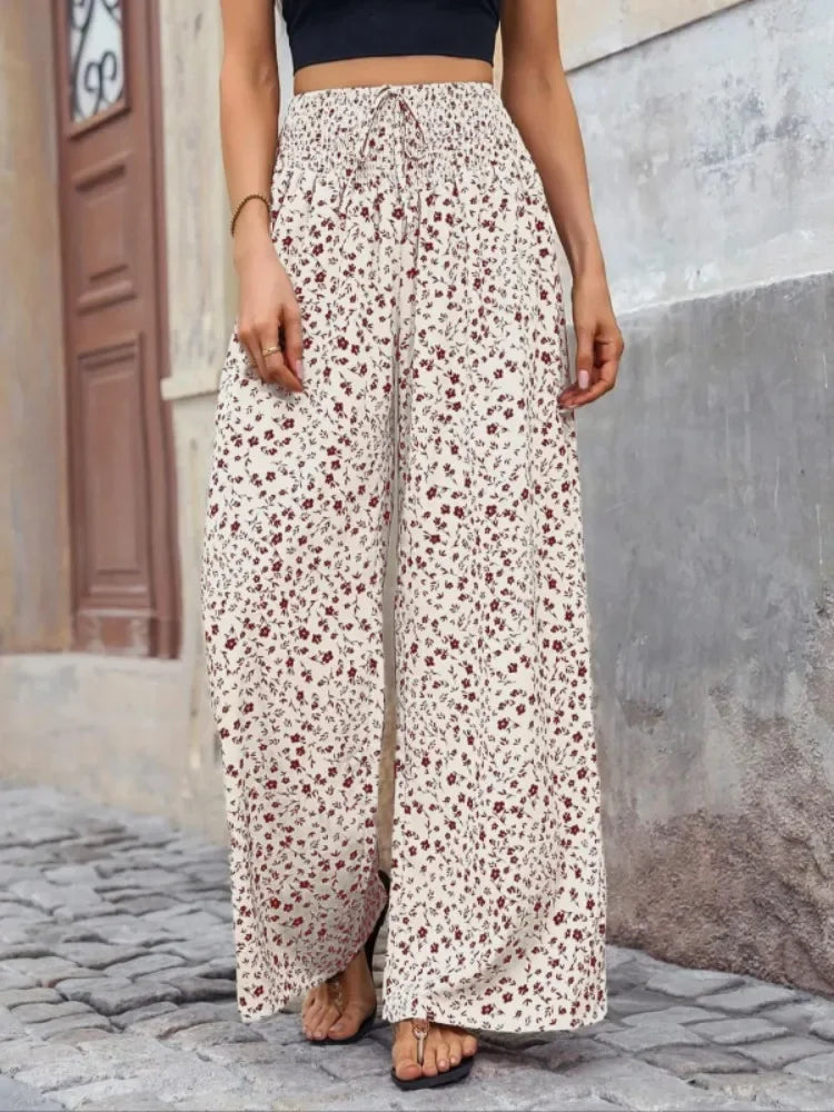 Women's Floral Wide Leg Pants - High Waisted