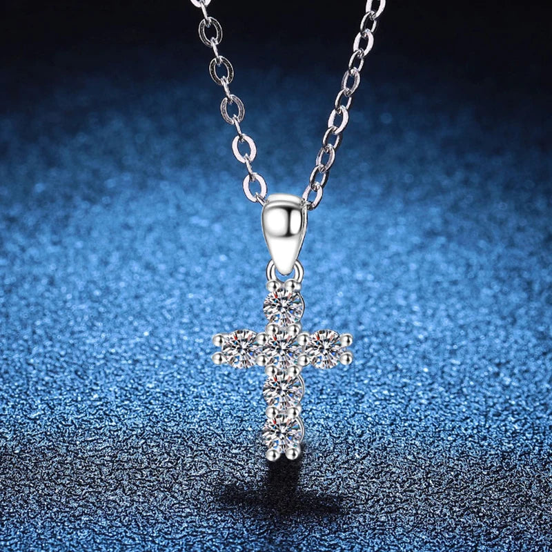 NeeTim 3mm D VVS1 Moissanite Cross Necklace for Women Lab Diamond Sterling Silver 925 Wedding Pendant Certified Necklaces