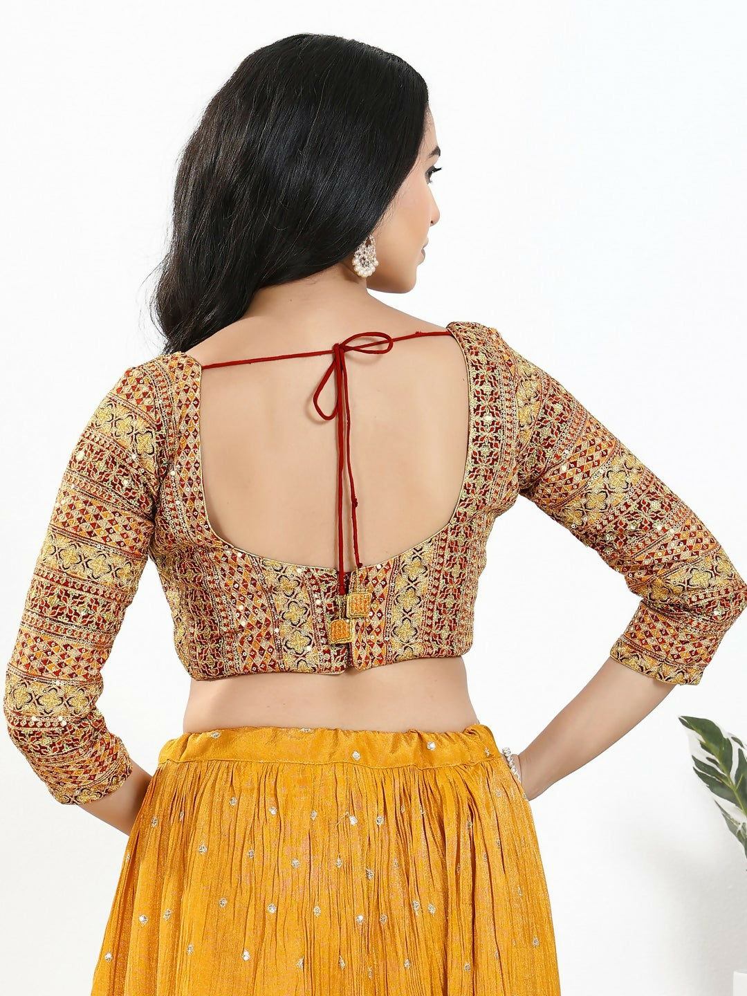 Joban Fashion Red Multi Silk Padded Blouse With Sweetheart Neck 3/4 Sleeves