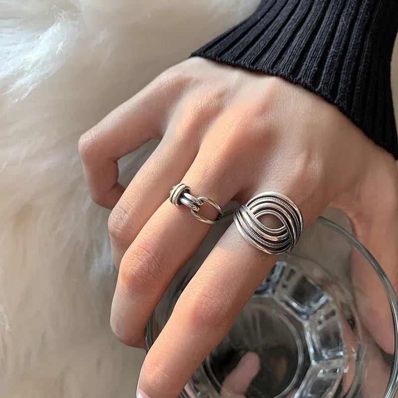 VENTFILLE 925 Sterling Silver Rings INS Fashion Hip Hop Vintage Couples Hollow Lines Punk Thai Silver Party Adjustable  Jewelry