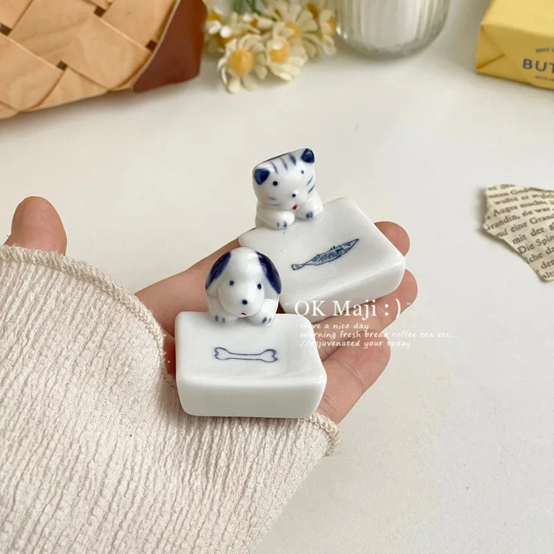 Kawaii Cat Dog Chopstick Holder Ceramic Knife Spoon Fork Tableware Holder Chop Stick Rack Dinning Table Decor Kitchen Supplies