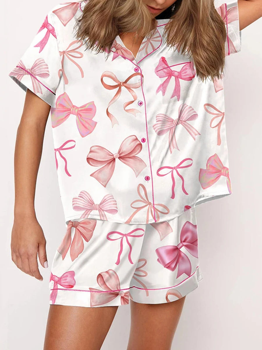Y2k Pink Bow Silk Pajama Sets for Women