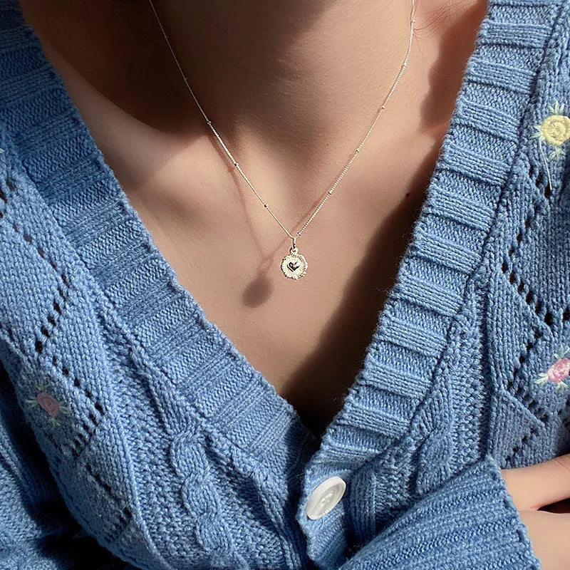 VENTFILLE 925 Sterling Love Heart Texture Bead Necklace for Women Girl Stereoscopic Design Double Sided Jewelry Gift Wholesale
