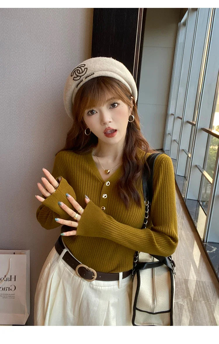 Women Beige Ribbed Button Down Long Sleeve Knitted Pullover Top - Image 29