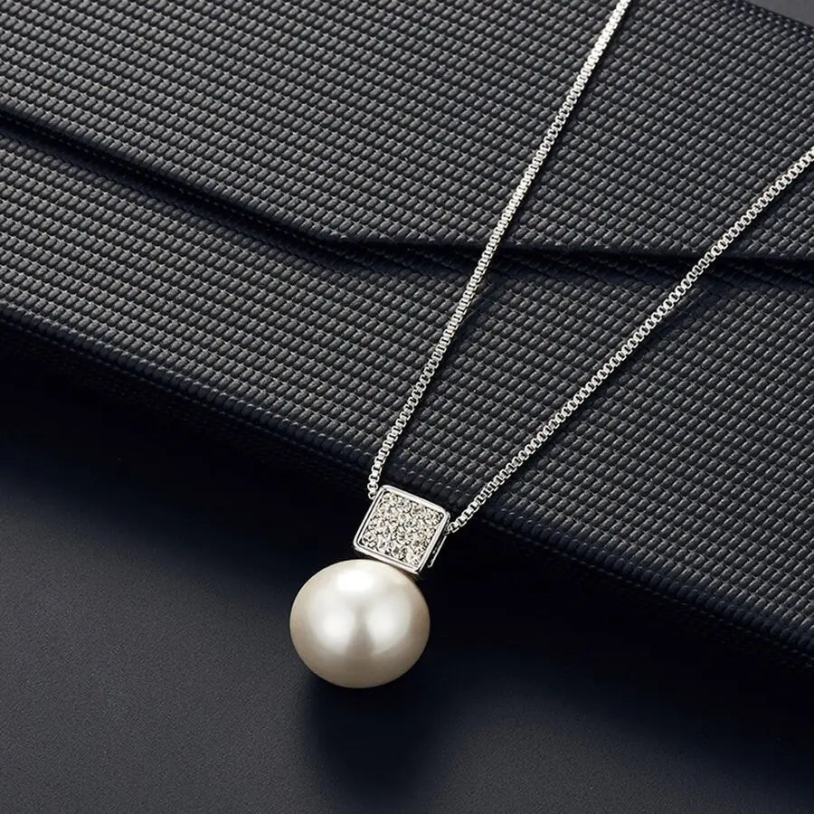2 PCS Imitation Pearl Pendant Women Necklace Earring Stud Set Silver Color Snake Chain Square Metal Full Crystal Jewelry Set