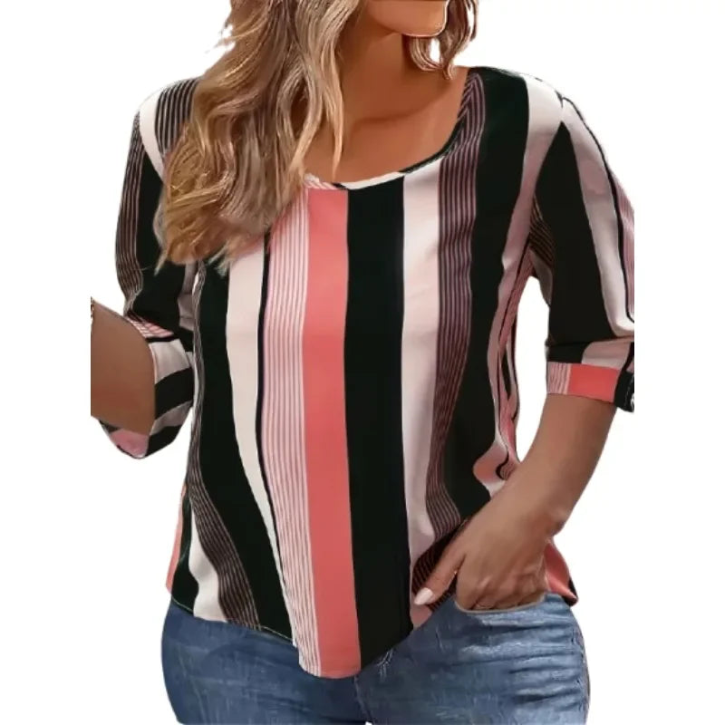 Women's Casual Striped Print Round Neck Short Sleeve Tee - Image 4