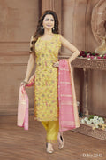 Yellow tissue kurta set with traditional embroidery and round neck