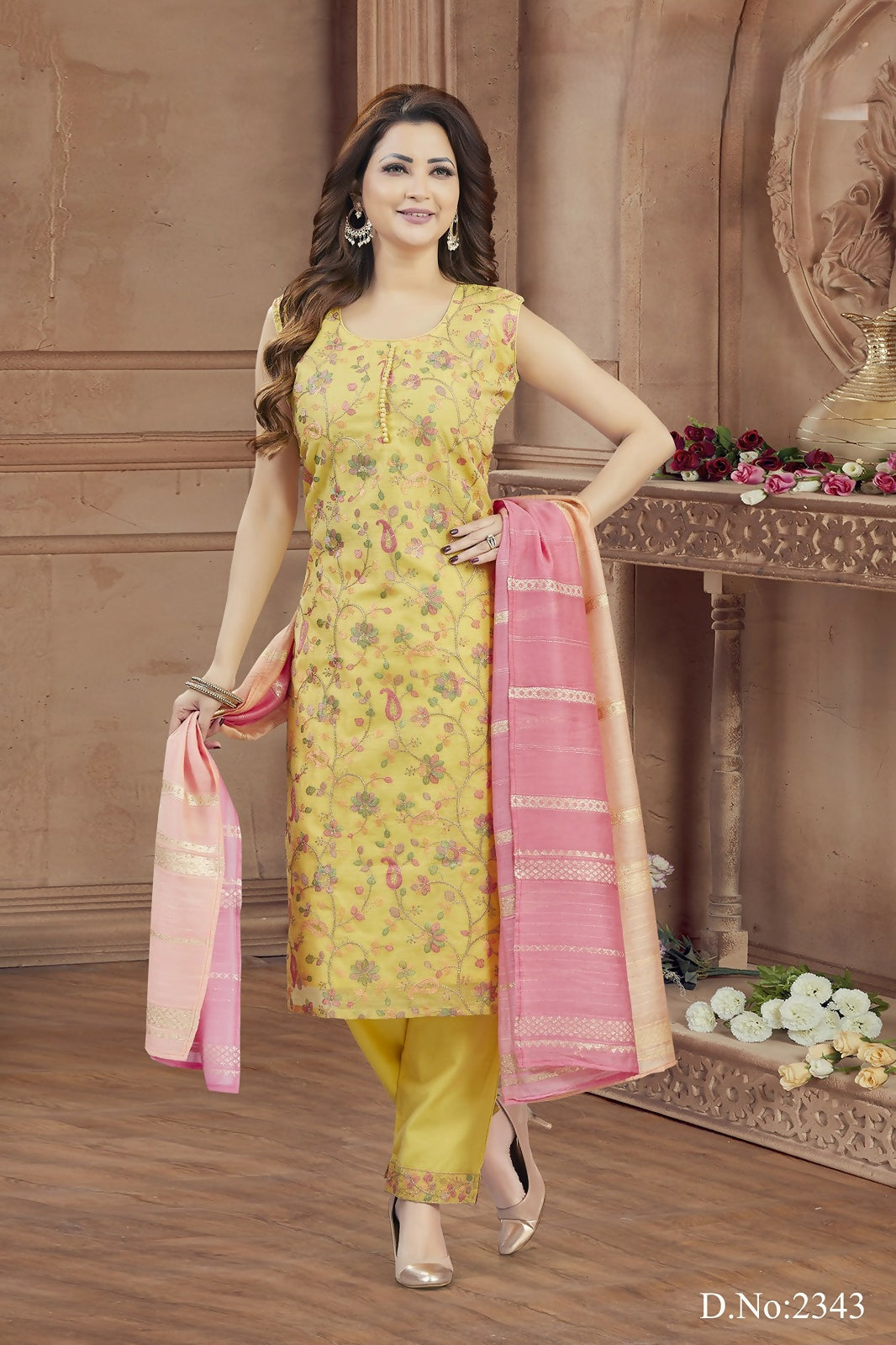 Yellow tissue kurta set with traditional embroidery and round neck