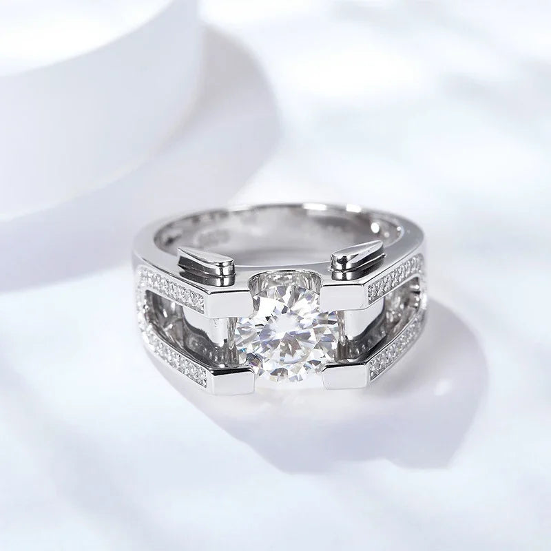 NeeTim 1ct 2ct Moissanite Ring For Men 925 Sterling Silver with White Gold Plated Wedding Band Man Rings Luxury Fine Jewelry