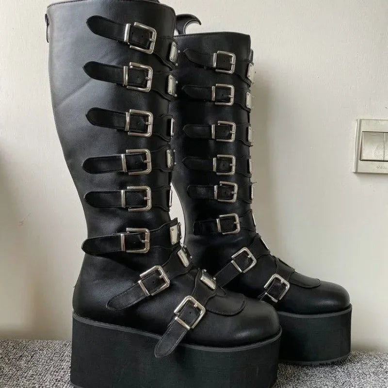 Women's Gothic Platform Wedge Boots with Multi-Buckle Details - Image 9