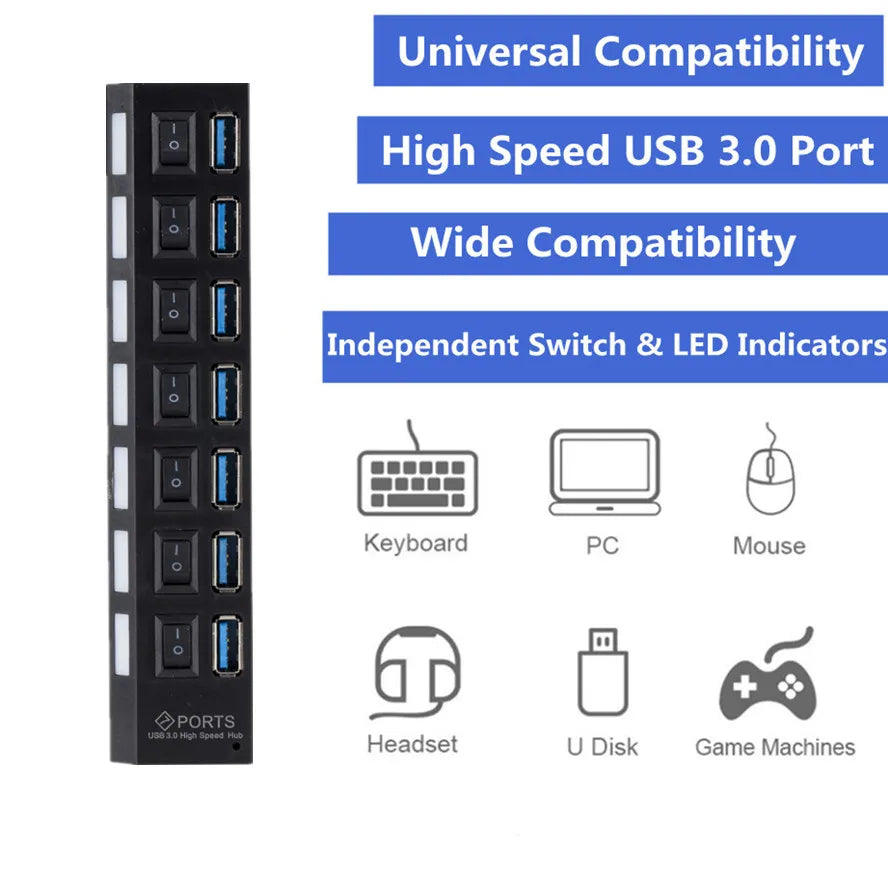 7-Port USB 3.0 Hub – Multi USB Splitter with Power Adapter