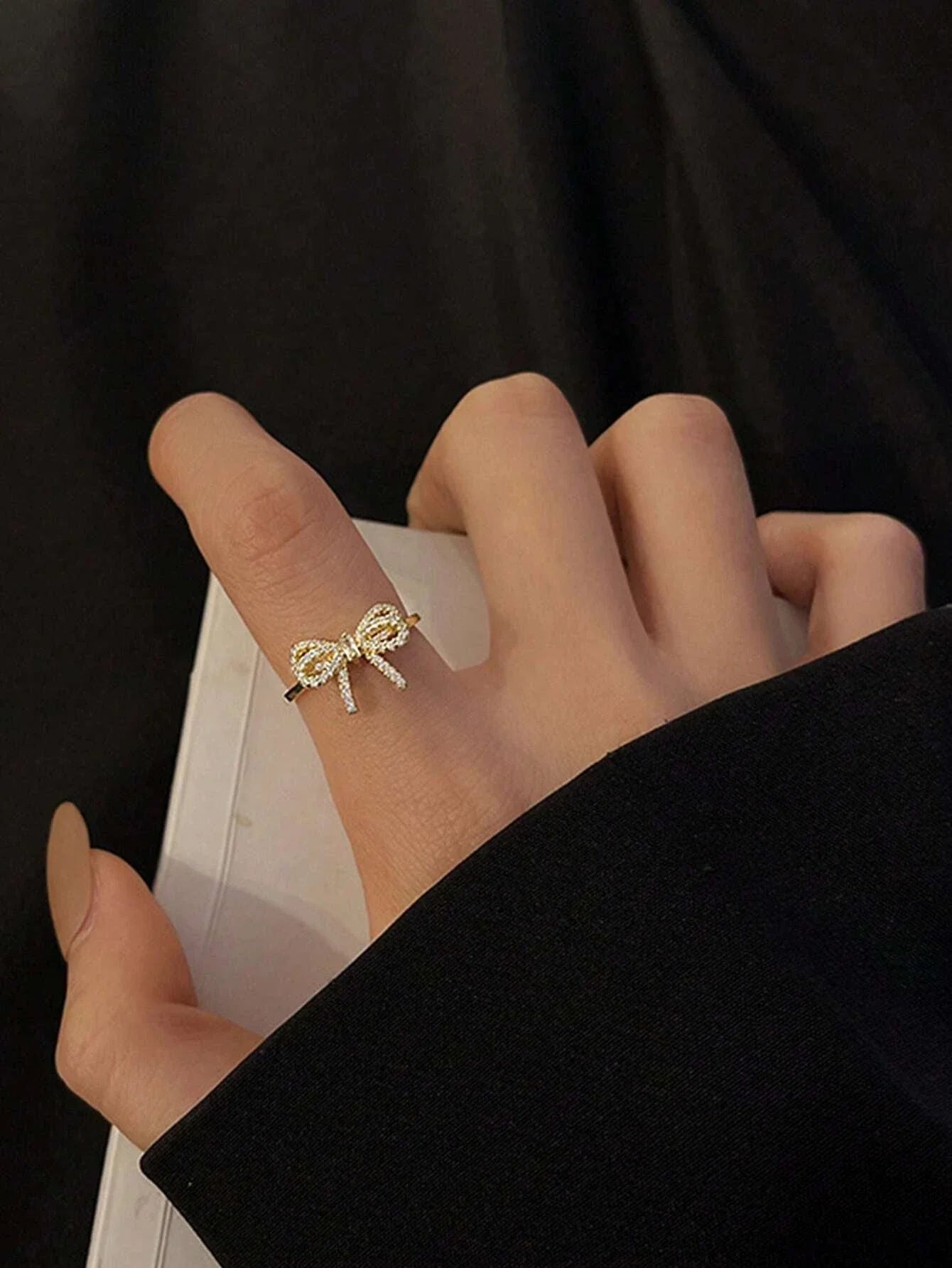 Yupsk Korean Fashion Micropaved Crystal Zirconia Bow Ring for Women Girls Exquisite Ins Trendy Minimalist Finger Rings Jewelry