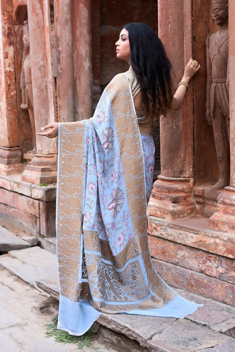 Light Blue Crepe Chiffon Handloom Banarasi Silk Saree