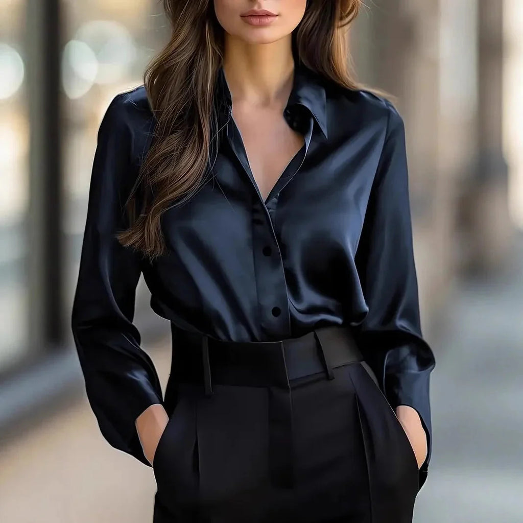 Women's Classic Satin Button Down Shirt Long Sleeve Lapel Blouse - Image 2