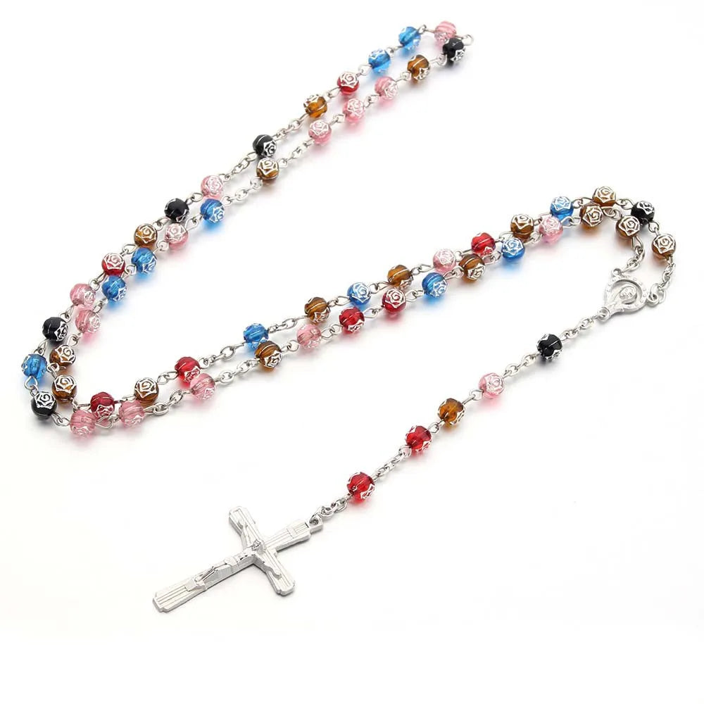 Catholic Rosary Bead Necklace For Women Gold Color Long Chain Crucifix Cross Pendant Female Religious Prayer Jewelry