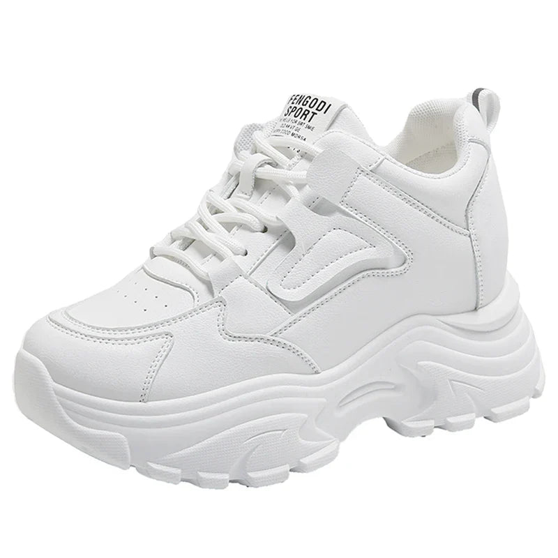 White and Black Chunky Platform Lace-Up Sneakers for Women with a thick bottom and synthetic material.