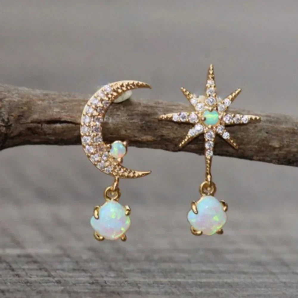 Golden Asymmetrical Zircon Moon Star Earrings for Women Retro Personalized Fashionable Versatile Accessory Gift