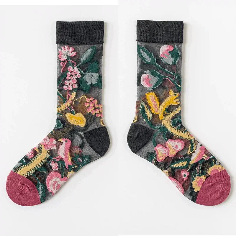 BotaniBabe Sheer Bloom Socks – Embroidered Crystal Silk Socks