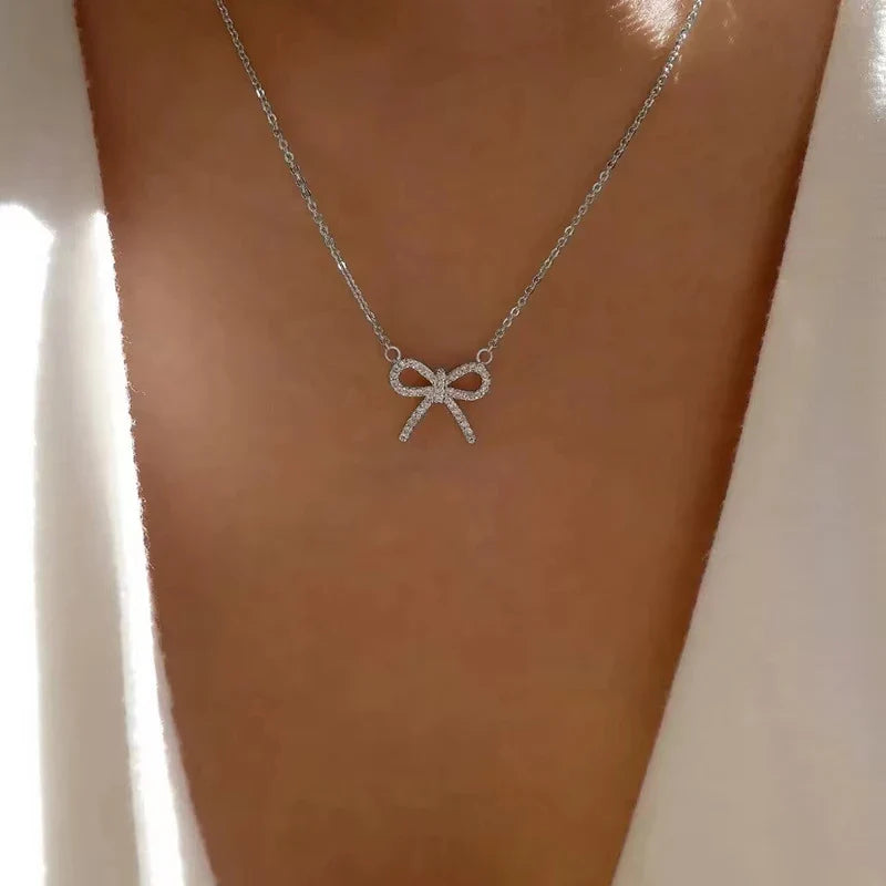 Fashion Rhinestone Bow Pendant Necklace For Women Exquisite Zircon Bowknot Choker Necklaces Office Party Jewelry Lady Gifts