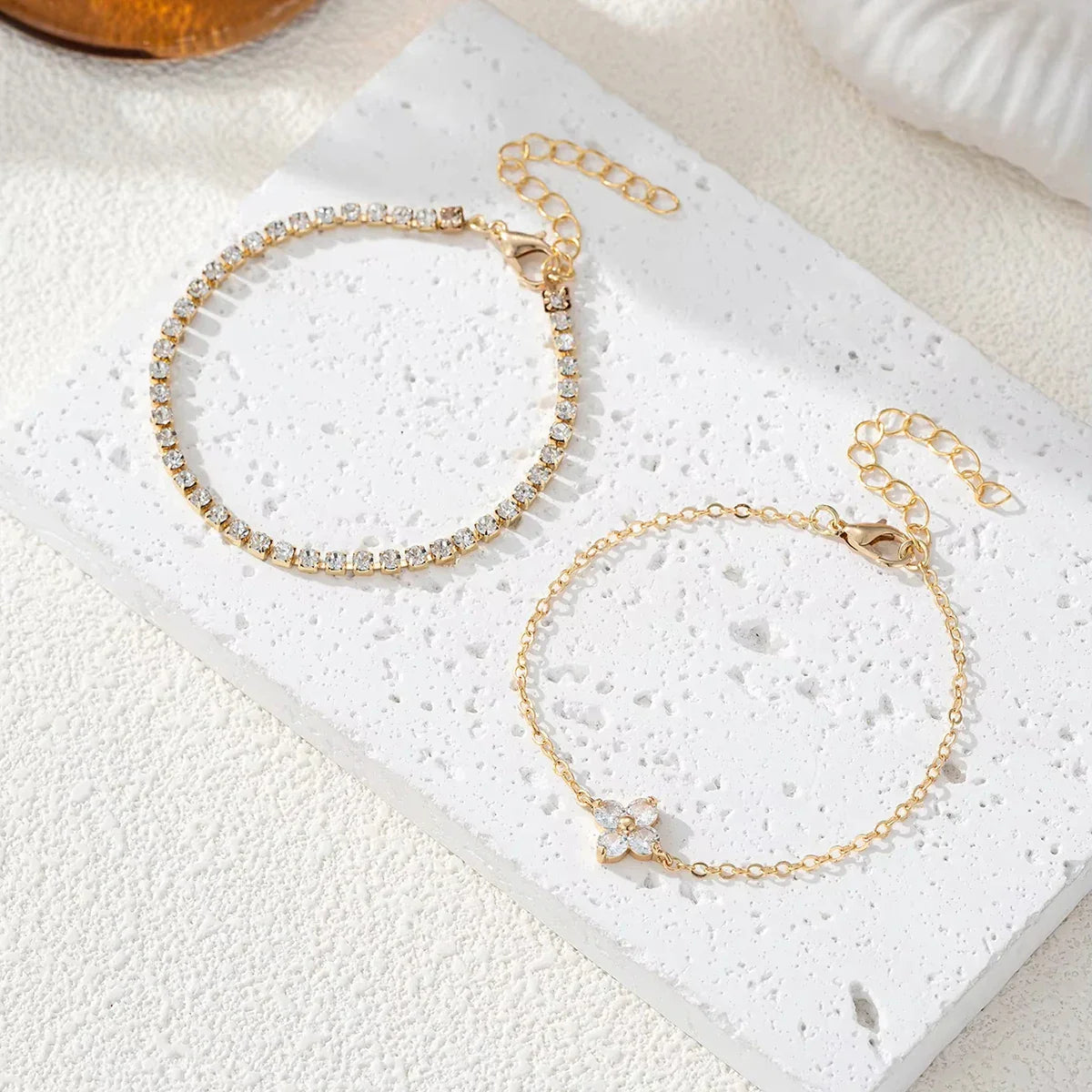 2pcs Simple Cubic Zirconia Flower Water Chain Women's Bracelet Set Daily Minimalist Silver Color Bracelet Party Fashion Jewelry