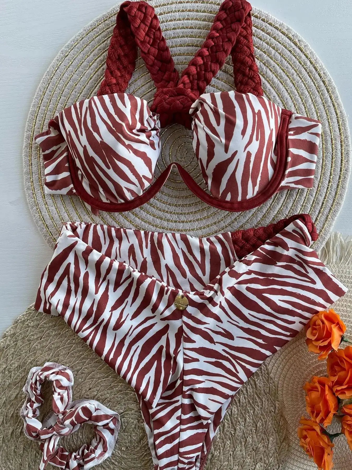 Zebra Print Underwire Bikini Set with Braided Strap Detail - Image 7
