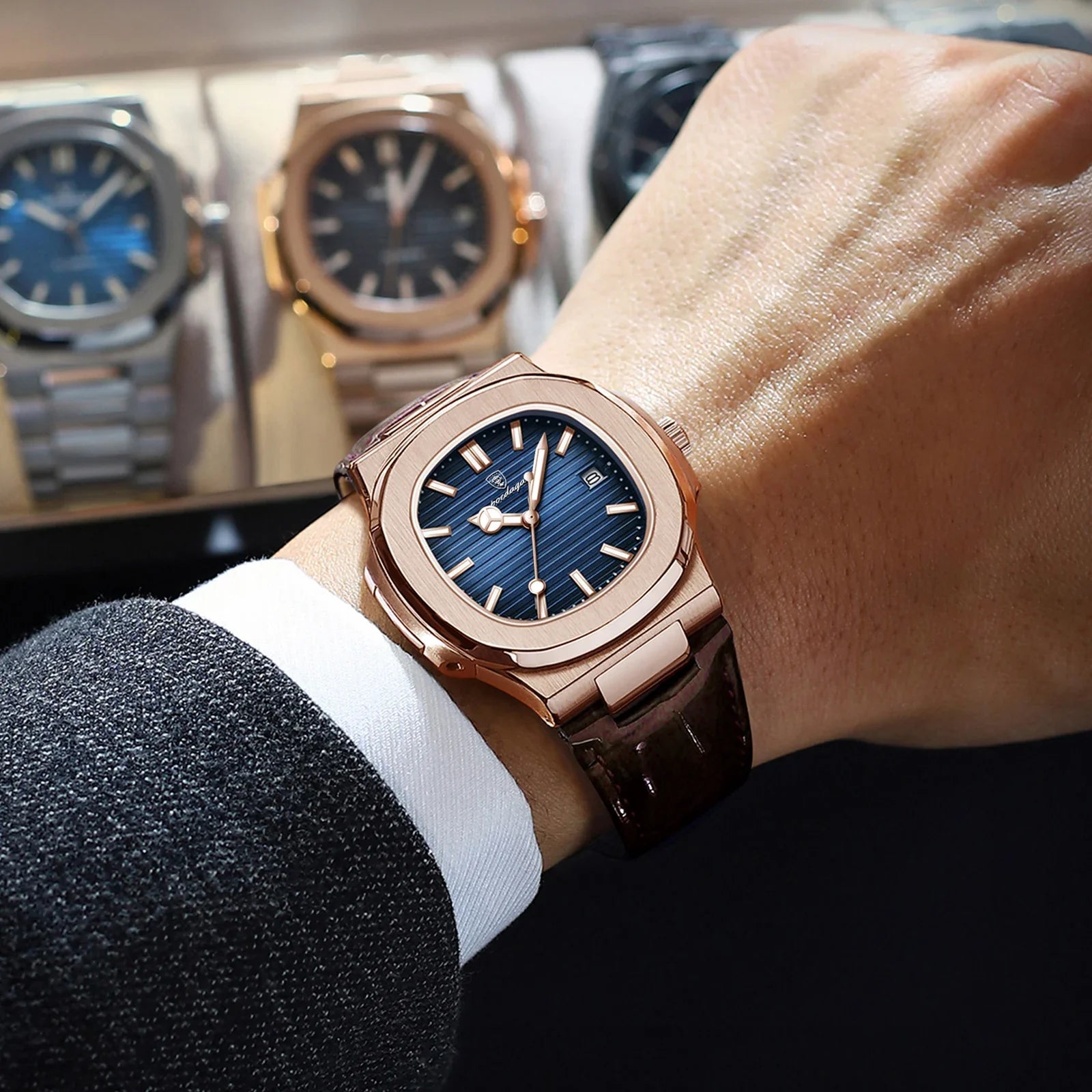 POEDAGAR Fashion Square Men's Watch Waterproof Luminous Date Business Man Wristwatch Casual Leather Quartz Watches For Men Reloj
