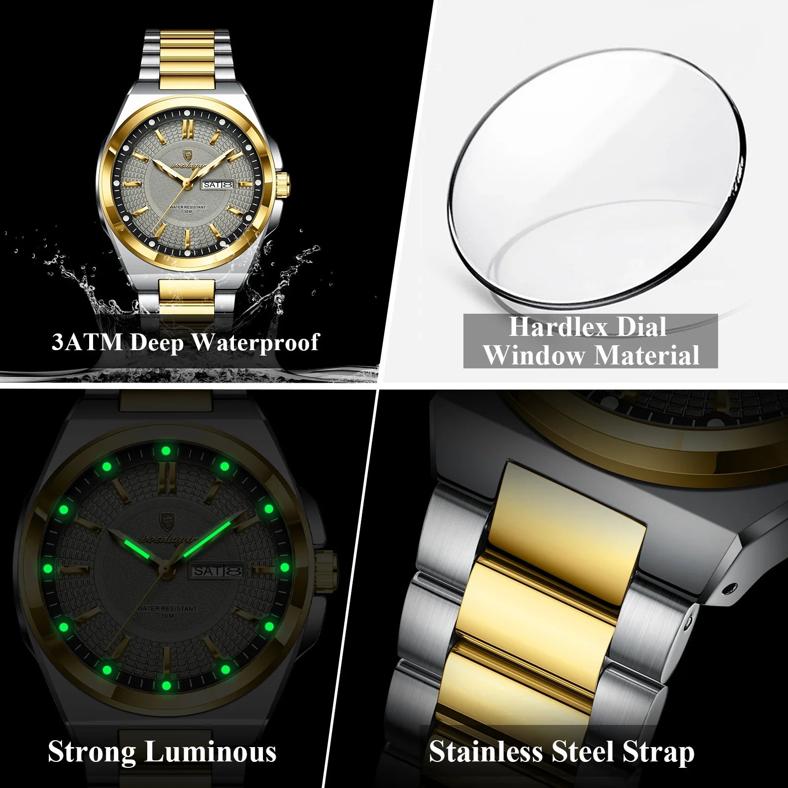 POEDAGAR Top Original Men's Watches Stainless Steel Waterproof Luminous Man Watch Date Week Classic Trendy Quartz Men Wristwatch