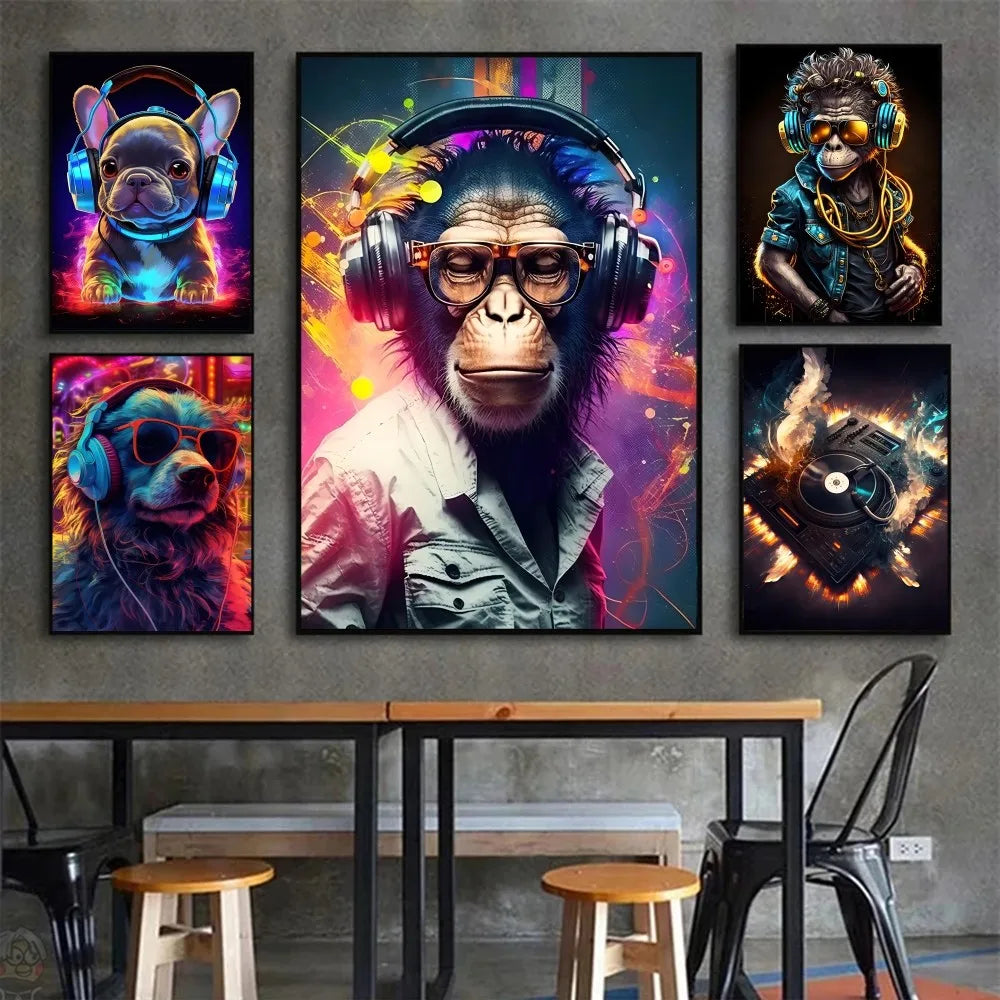 Animal Monkey Cat Dog Headphone Dj Music Poster Canvas P Poster HD Posters Home Room Bar Cafe Decor Art Wall Painting Picture