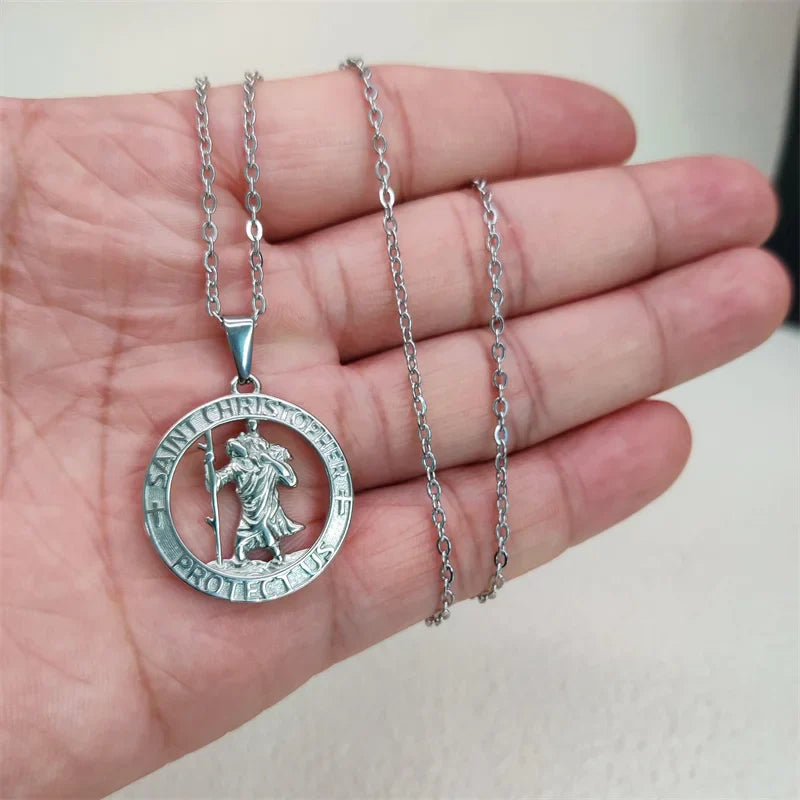 Hot Sale Religious 18K Gold Plated St.Christopher Necklace Stainless Steel Pendant Necklace For Men Women Jewelry Gift