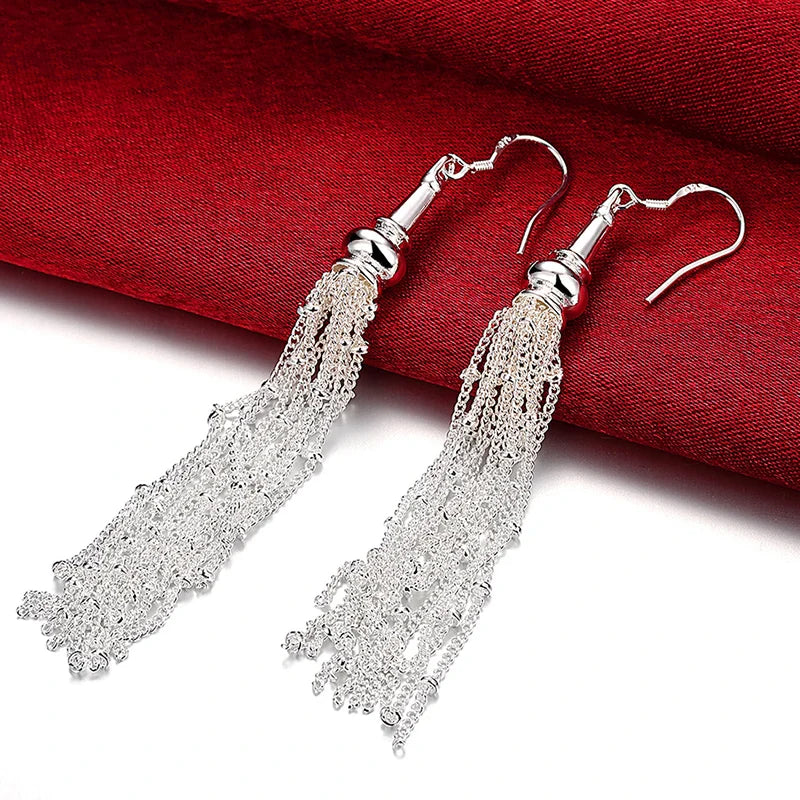 Aravant 925 Silver Multi Chain Long Tassel Drop Earrings For Women Wedding Jewelry
