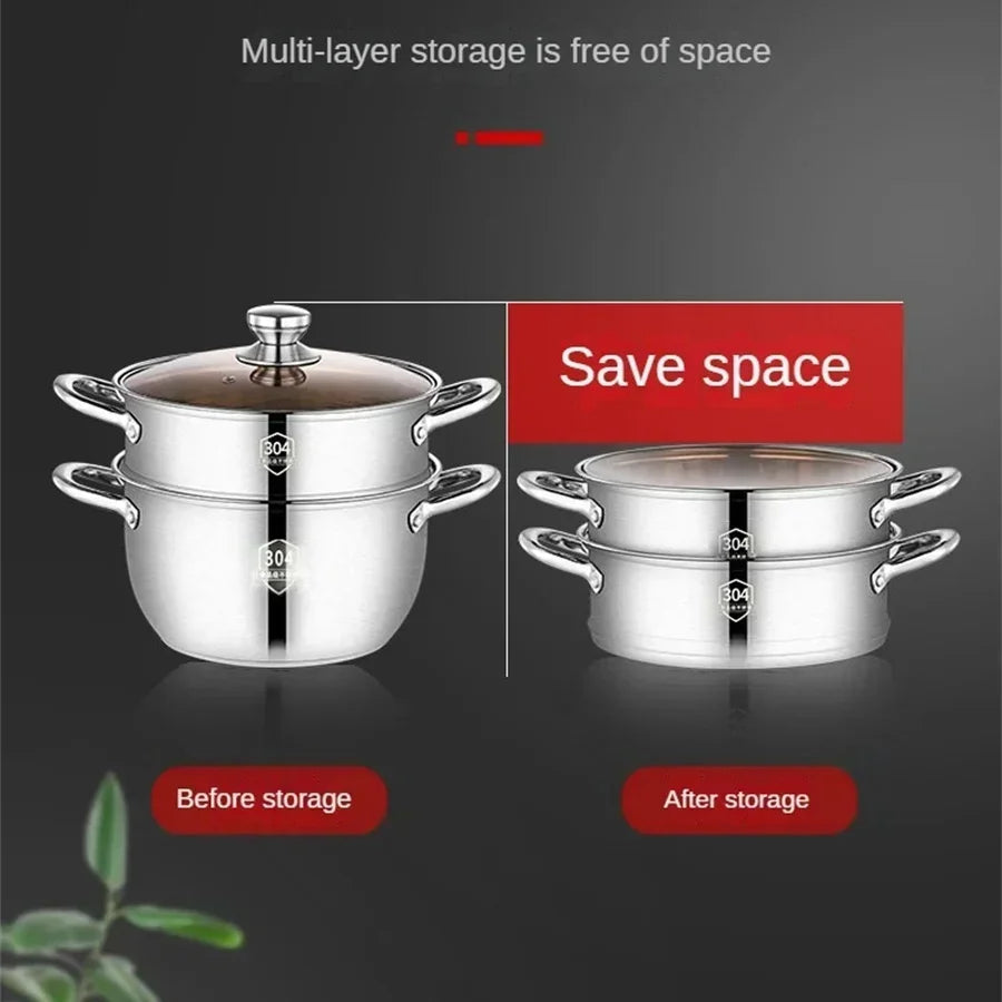 SUS304 stainless steel double layer thickened household cage drawer steamed Mantou small steamer soup pot stew pot